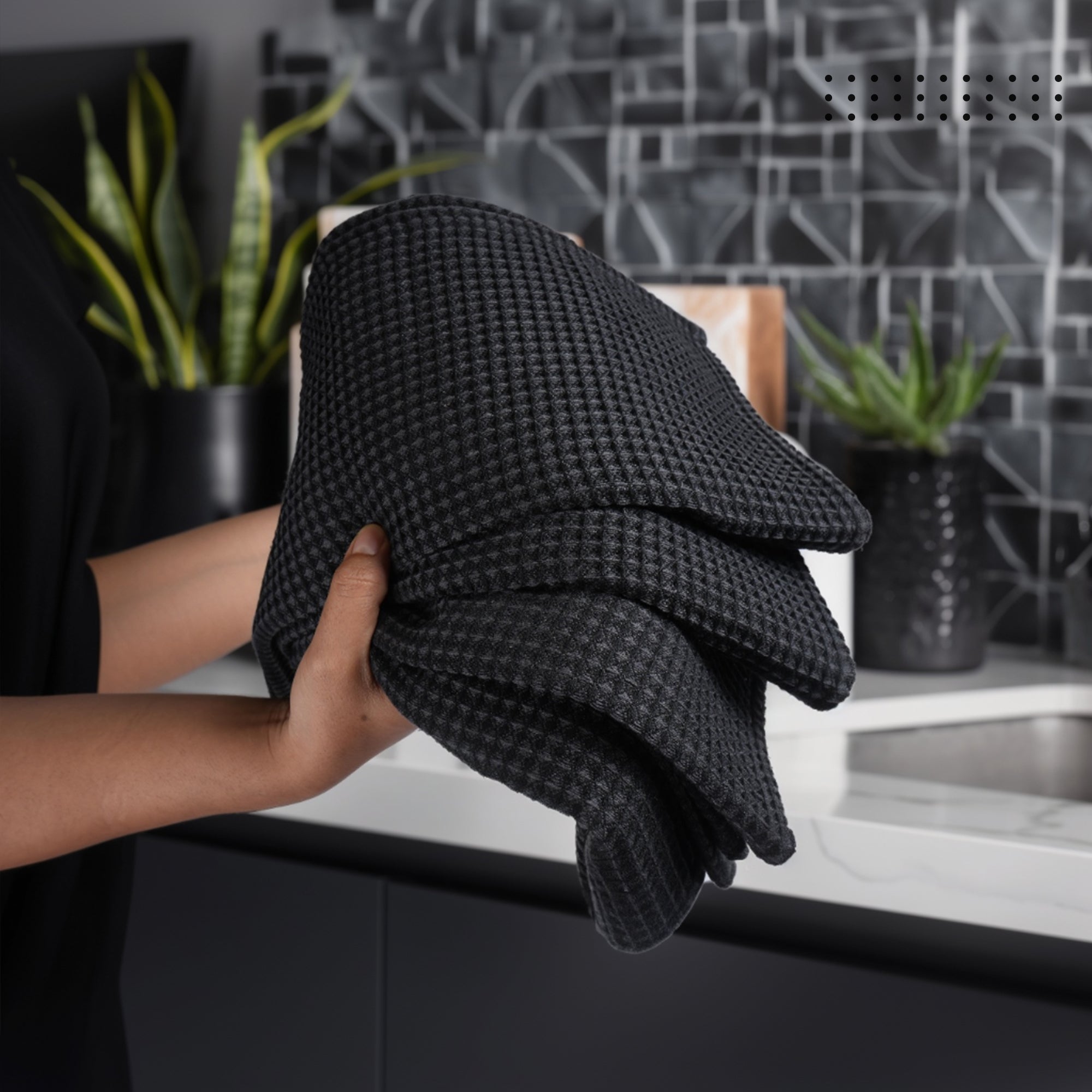 Waffle Grey Black Kitchen Towel (Pack of 4)