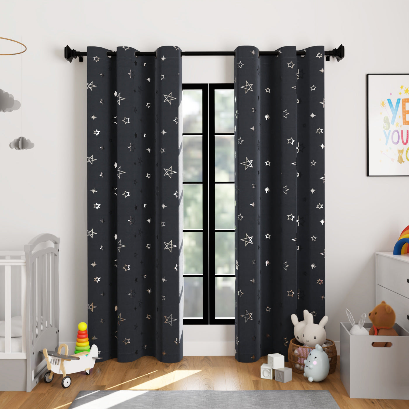 Blackout Polyester Fabric by Meter, 100x122 cm | Blocks Light, Heat & Noise, For Curtains, Cushion Covers, Door & Window Drapes - Foil Star Print