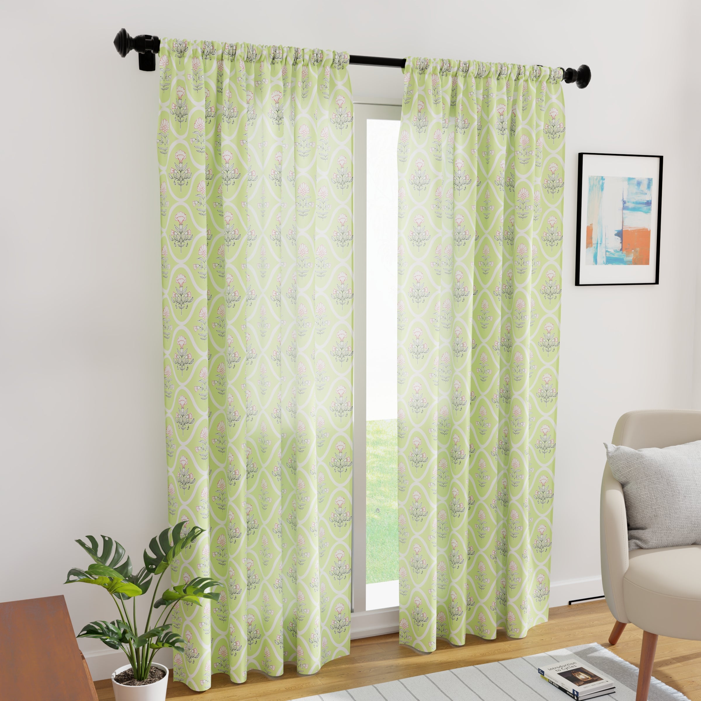 Polyester Pea Green Curtain (Pack of 2)