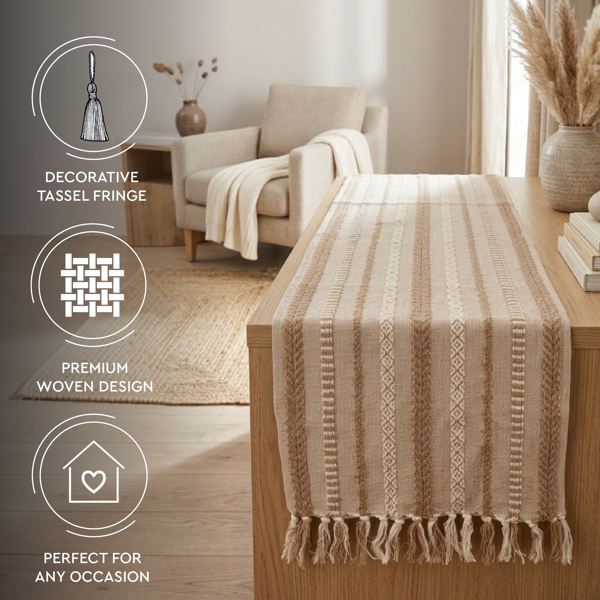 Cotton Jacquard Beige Table Runner (Pack of 1)
