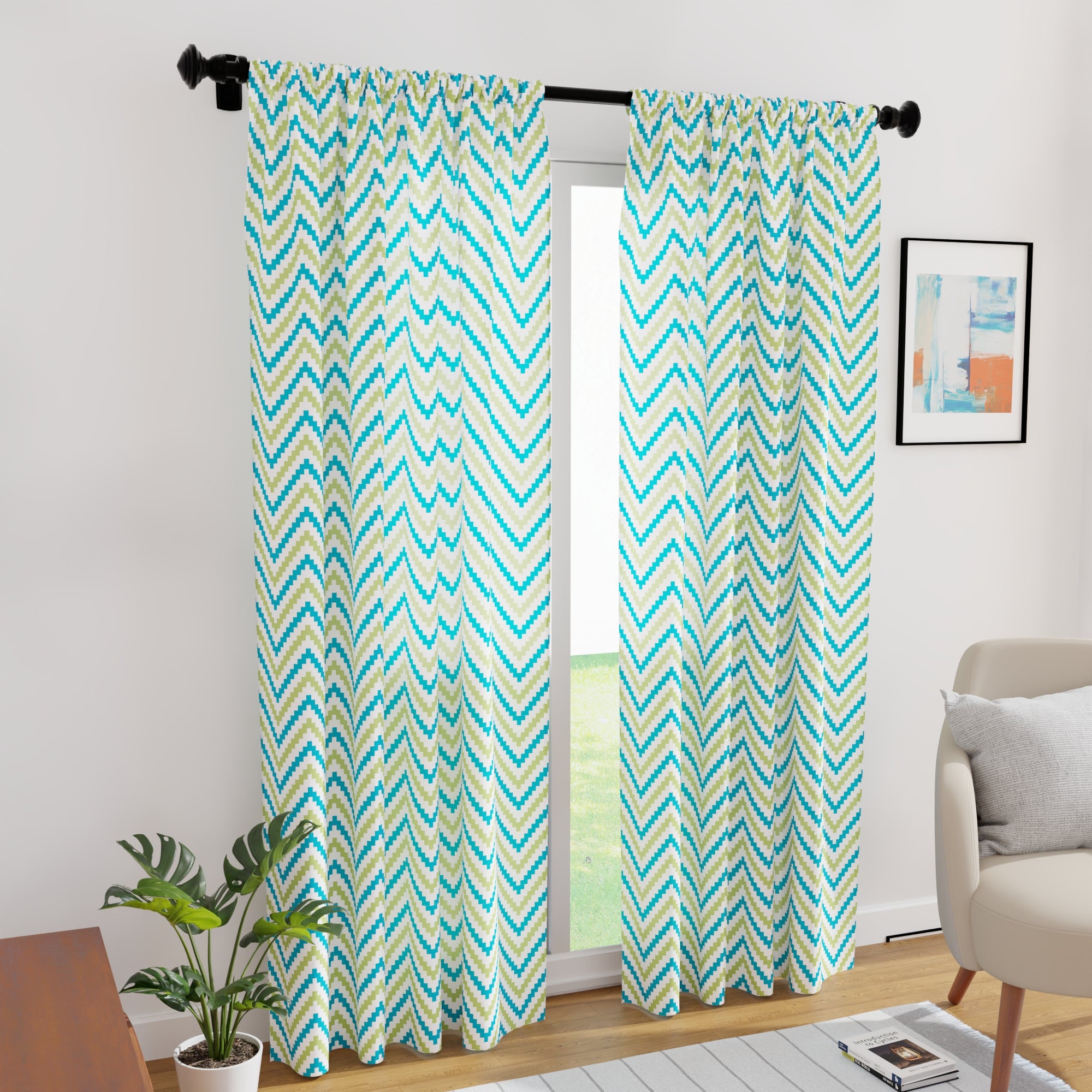 Polyester Chevron 1 Green Curtain (Pack of 2)