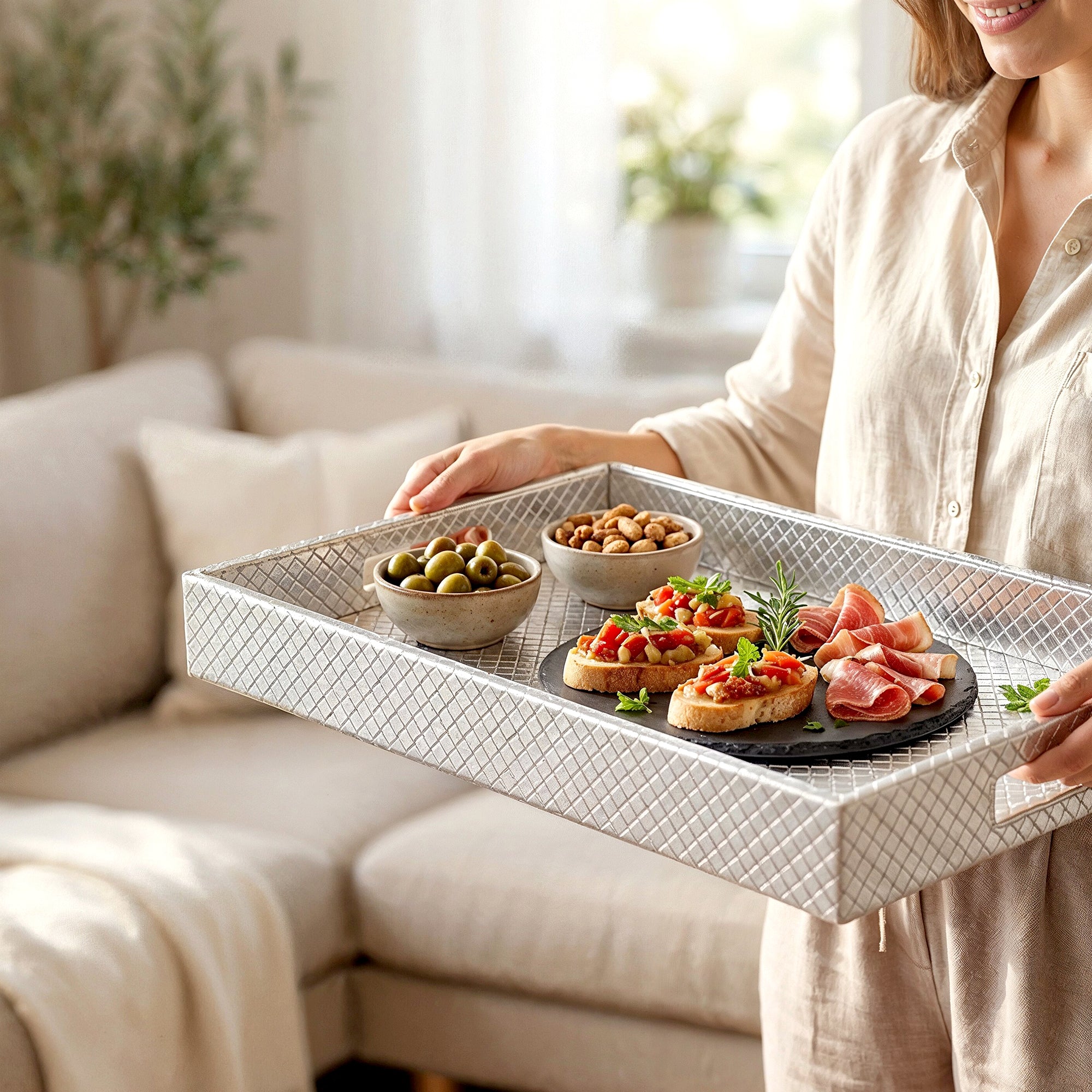 Leather Silver Leather Serving Tray