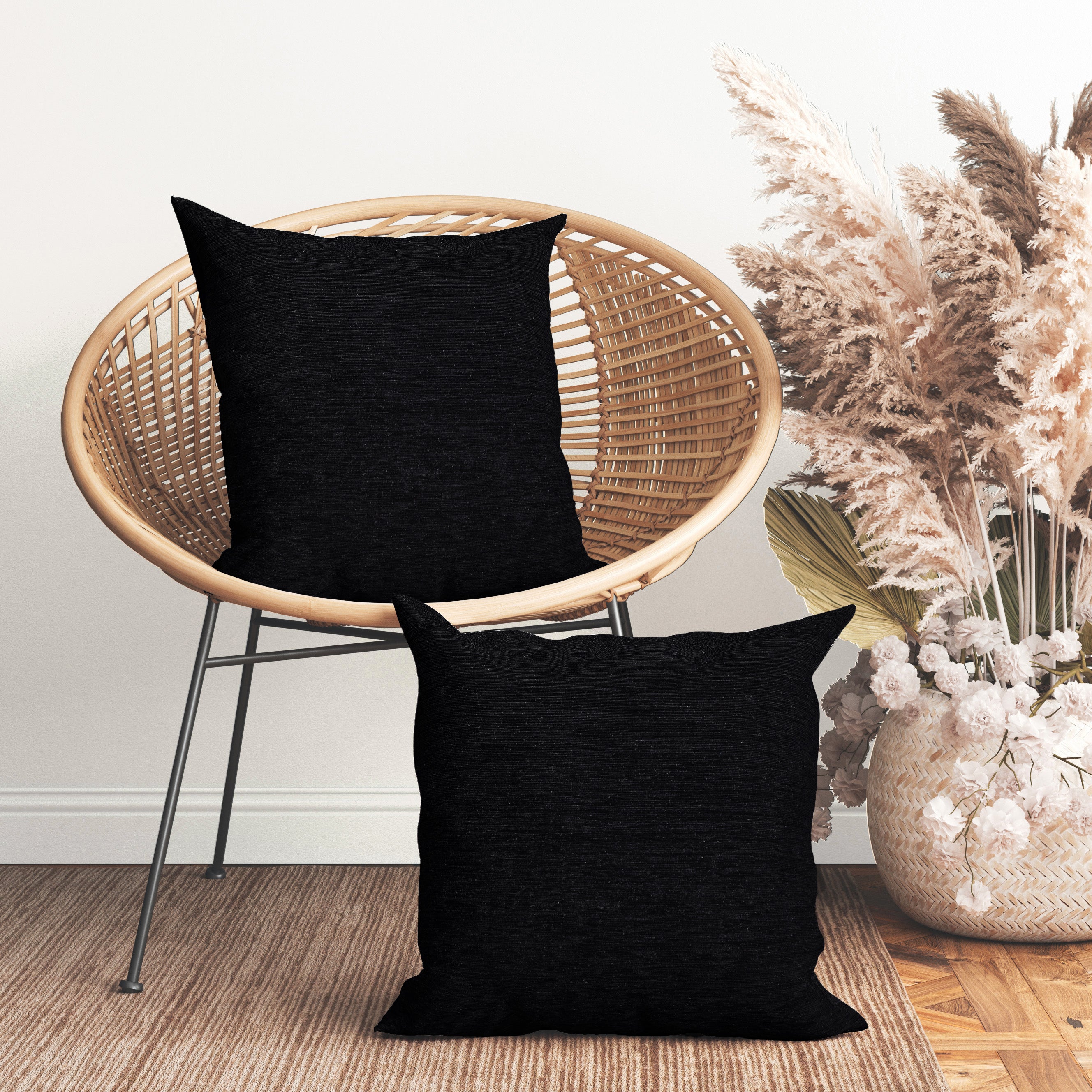 Chenille Black 1 Cushion Cover (Pack of 2)