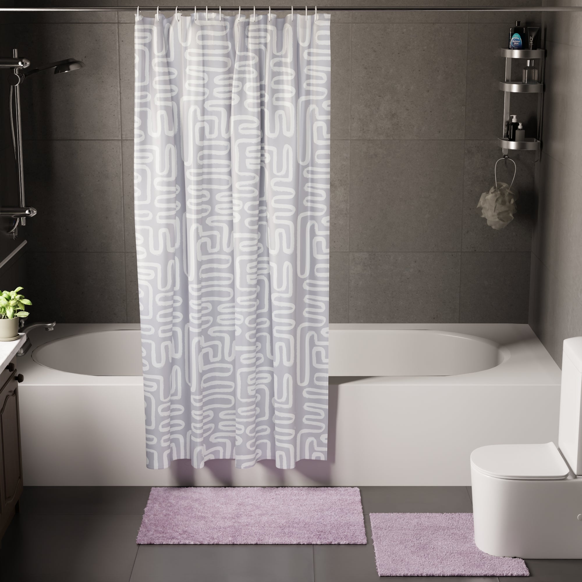 Polyester Maze Grey Combo Shower Curtain + Bathmat (Pack of 3)