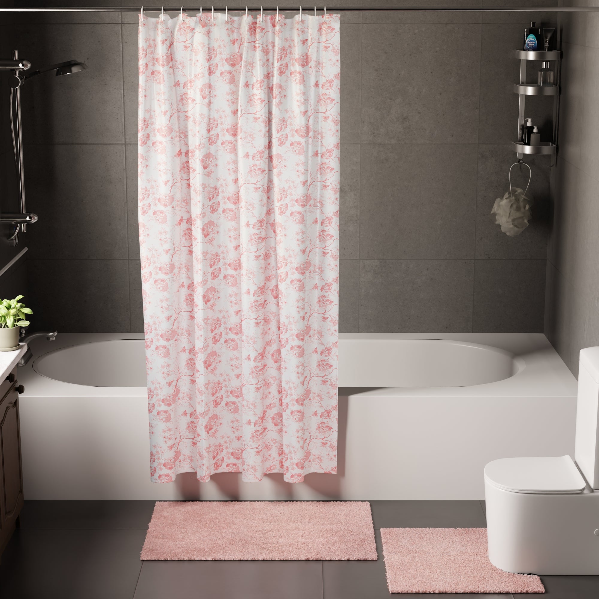 Polyester Pink Carnations Combo Shower Curtain + Bathmat (Pack of 3)