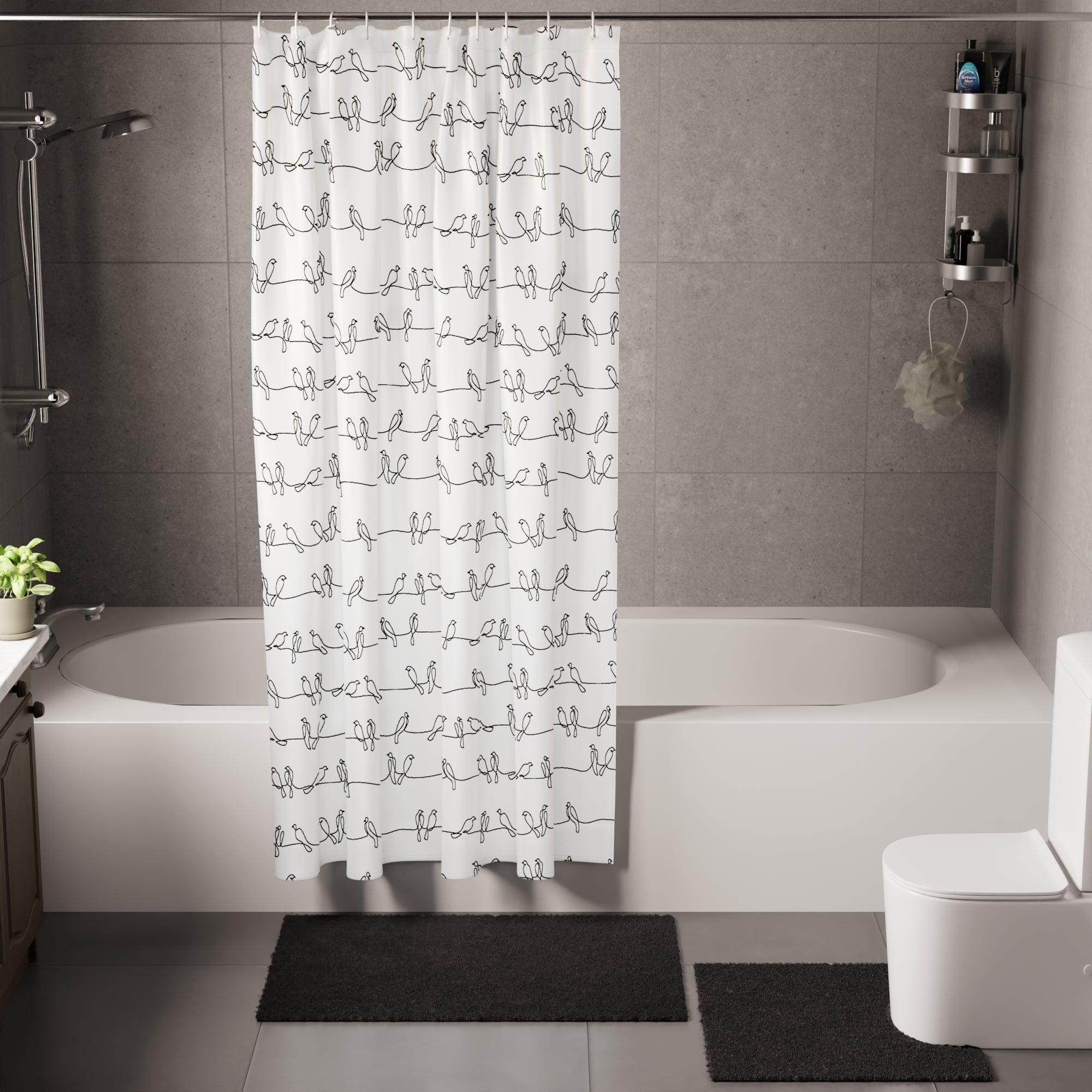 Polyester Blackbirds Combo Shower Curtain + Bathmat (Pack of 3)