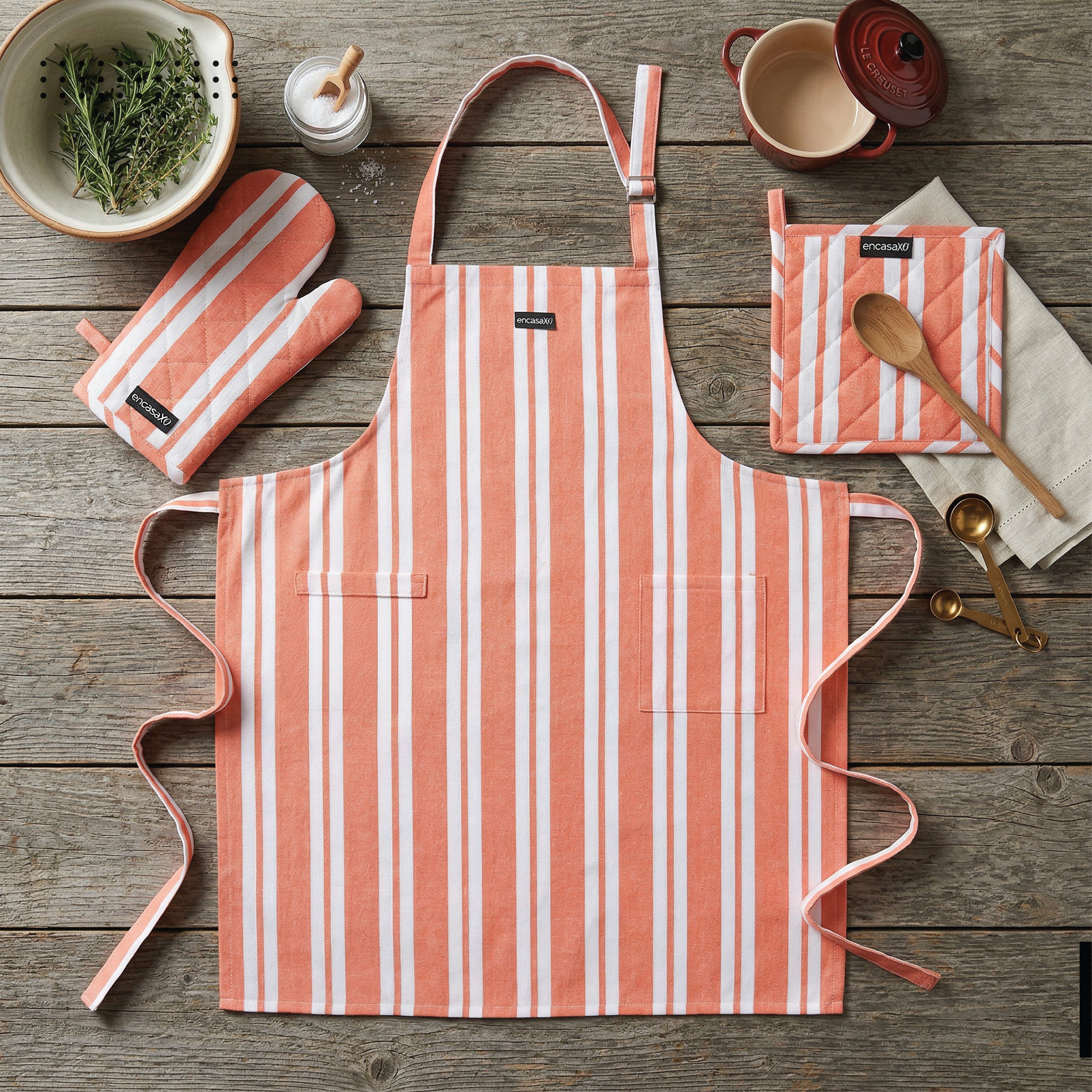 Cotton Franca Orange Stripes Apron, Oven Glove & Pot Holder