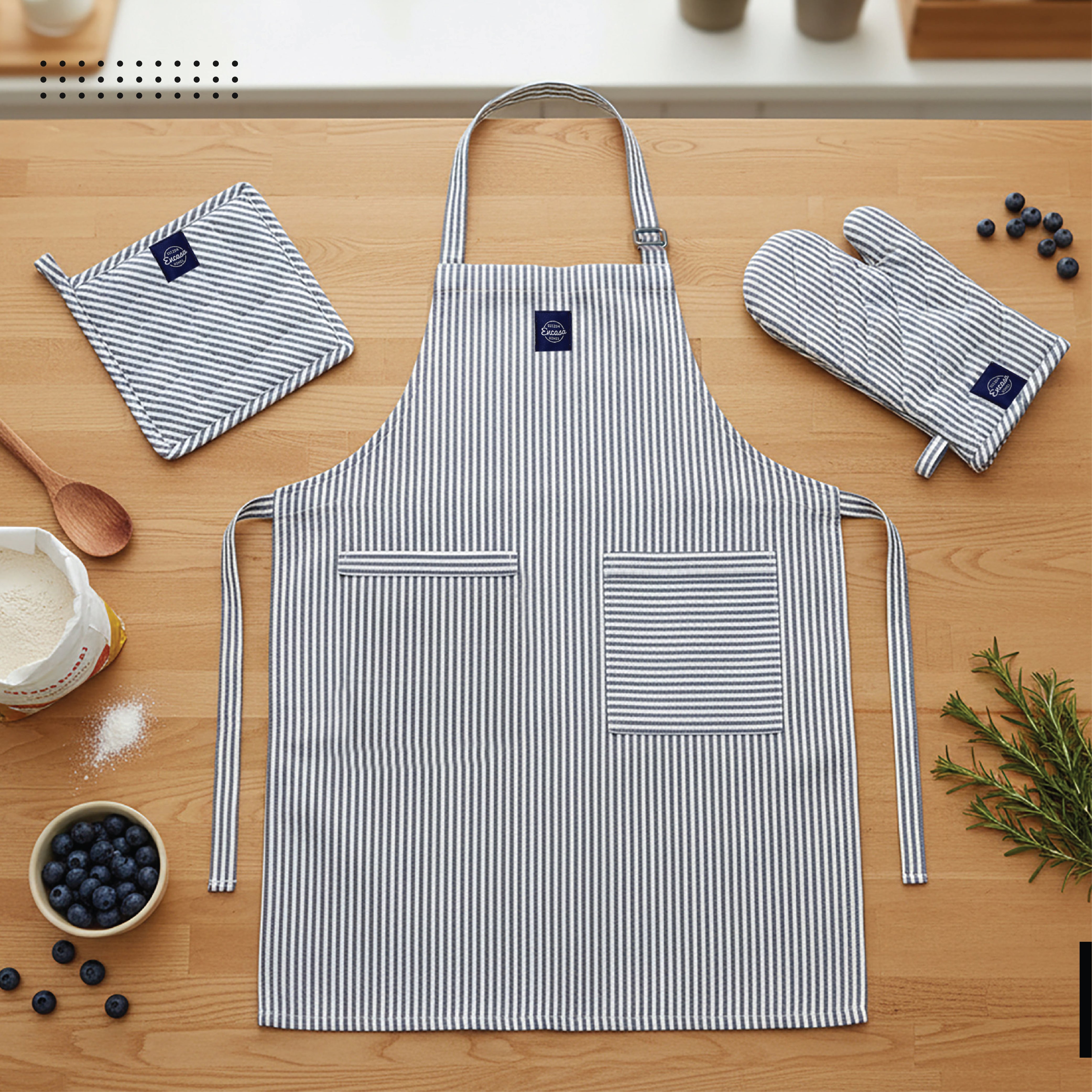 Cotton Ticking Navy Blue Apron + Oven Glove + Pot Holder (Pack of 3)