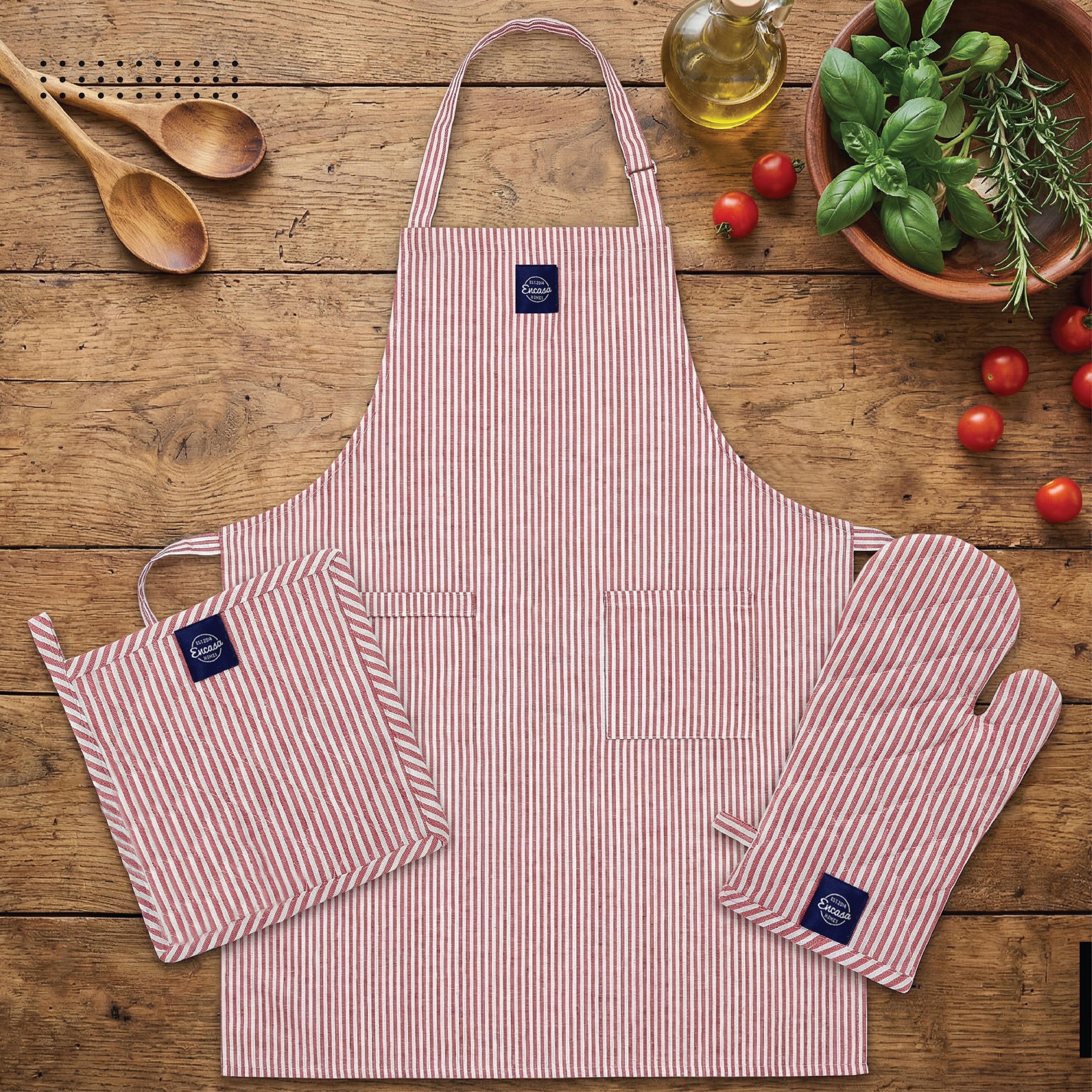 Cotton Ticking Red Apron + Oven Glove + Pot Holder (Pack of 3)