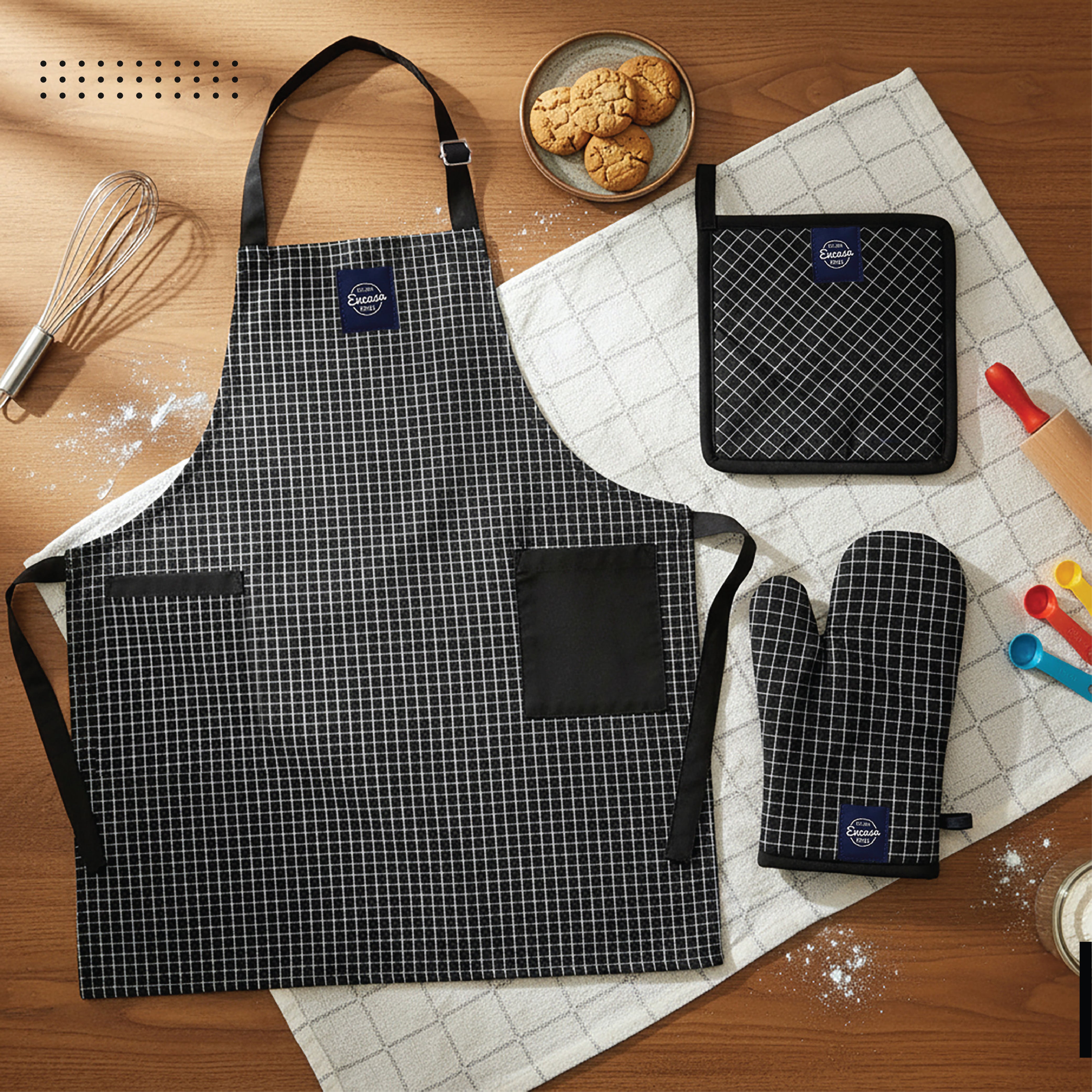 Cotton Butcher Checks Black Apron, Oven Glove, Pot Holder
