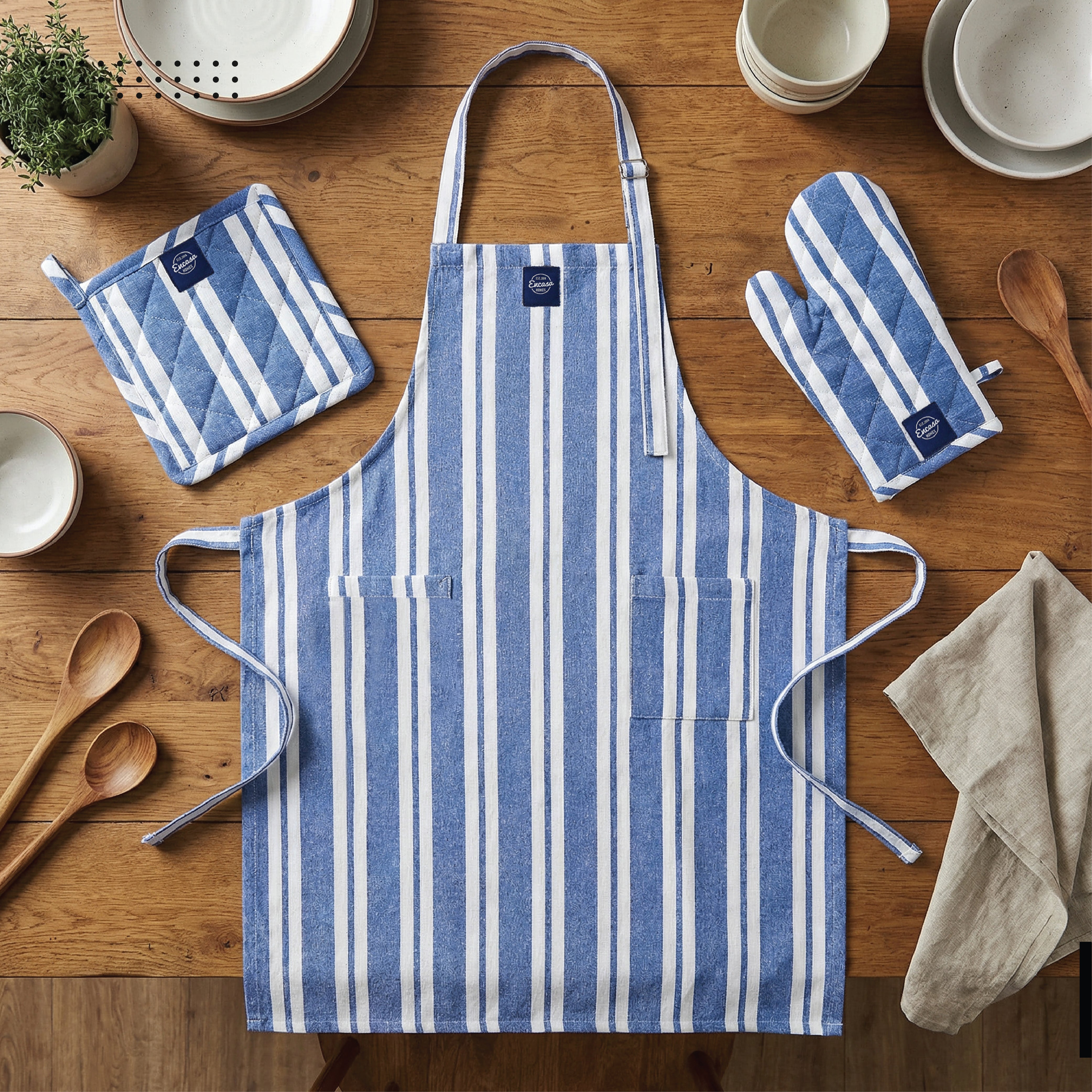 Cotton Franca Blue Stripes Apron, Oven Glove, Pot Holder