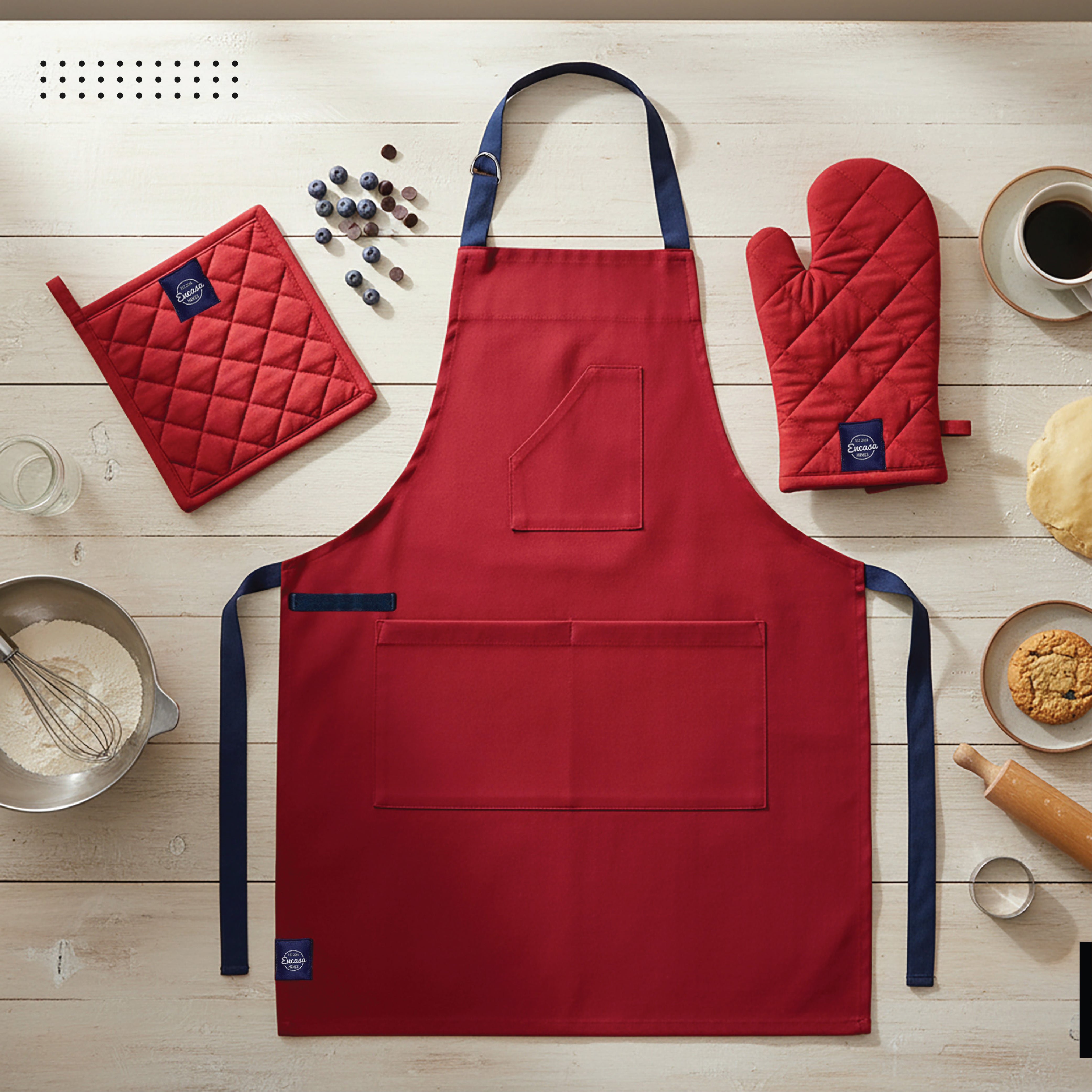 Cotton Red Apron + Oven Glove + Pot Holder (Pack of 3)