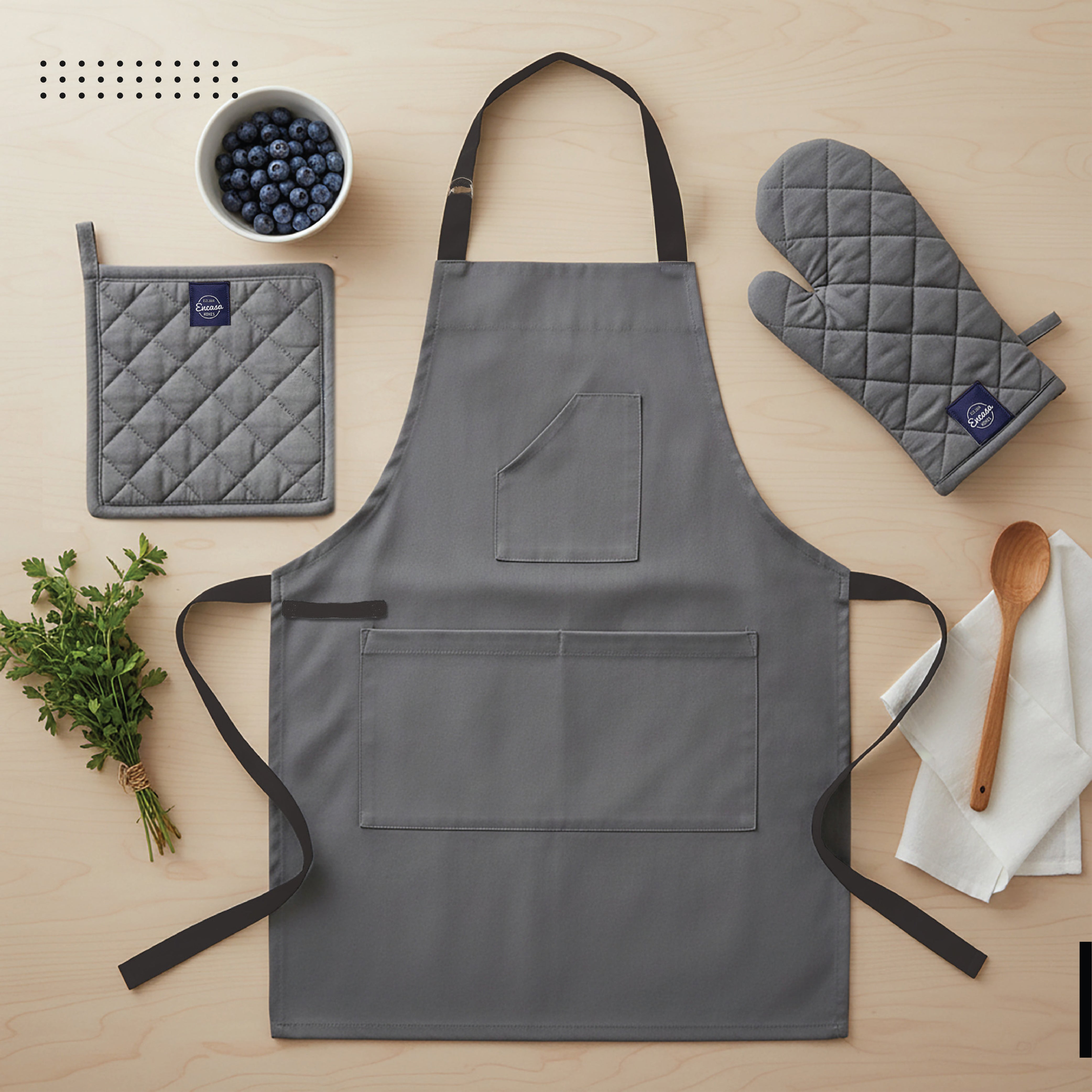 Cotton Grey Apron + Oven Glove + Pot Holder (Pack of 3)