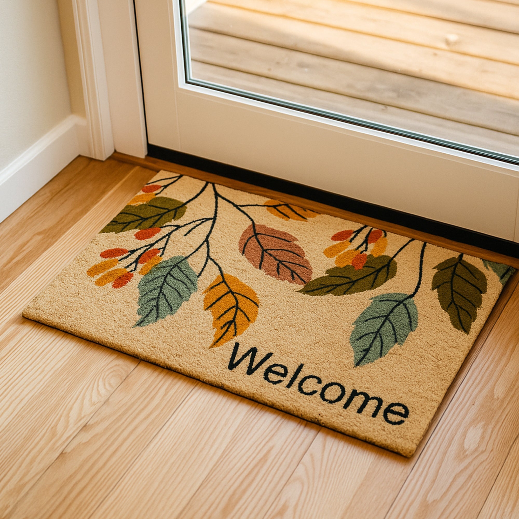 Coir welcome mat with a printed leaf design on wood flooring at a glass front door