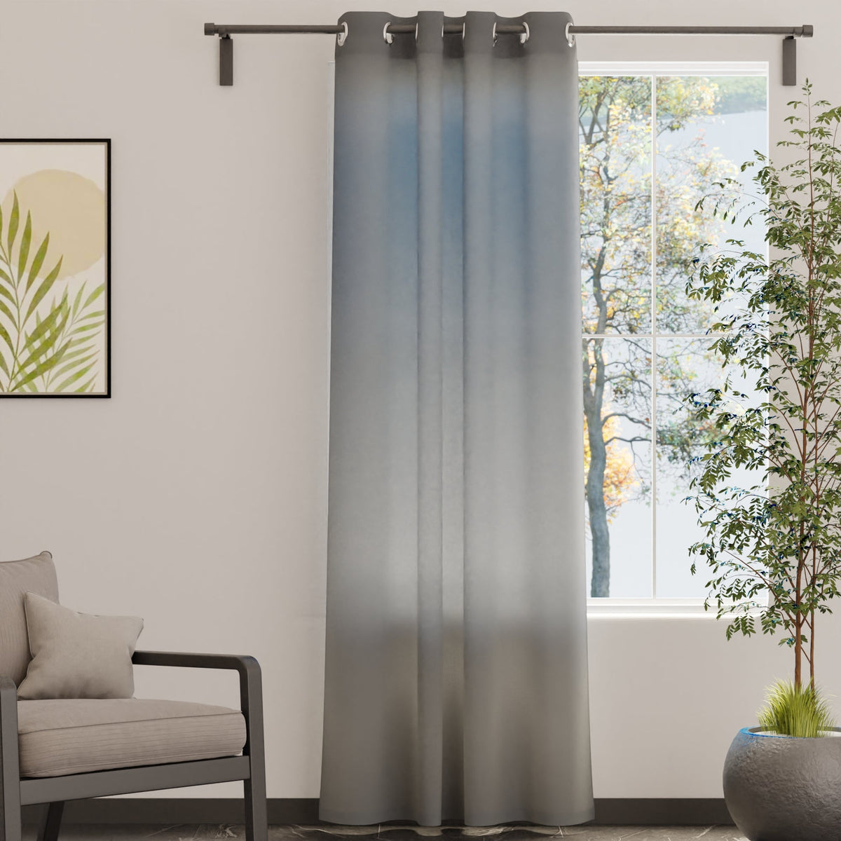 Single grey canvas curtain panel on metal eyelets, hung floor length beside a window with a tree outside