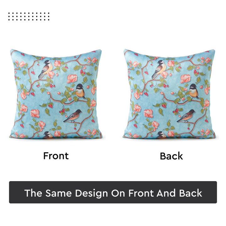 Blackout Polyester Sky Blue Birds Cushion Cover (Pack of 2)