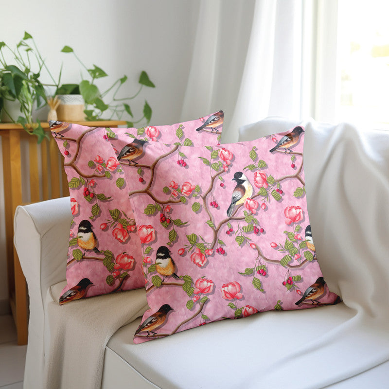 Blackout Polyester Dusty Pink Birds Cushion Cover (Pack of 2)