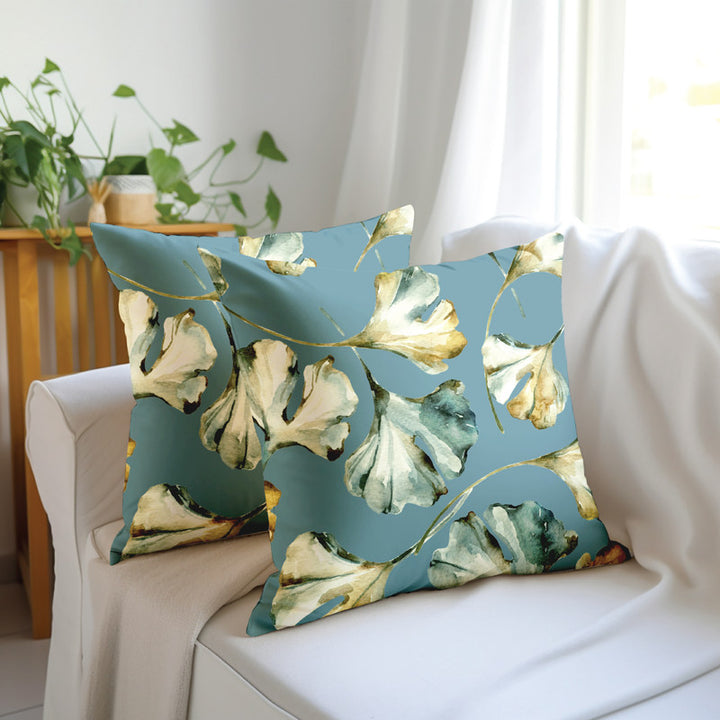 Blackout Polyester Gingko Blue Cushion Cover (Pack of 2)