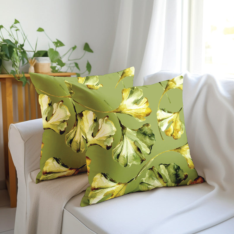 Blackout Polyester Gingko Green Cushion Cover (Pack of 2)