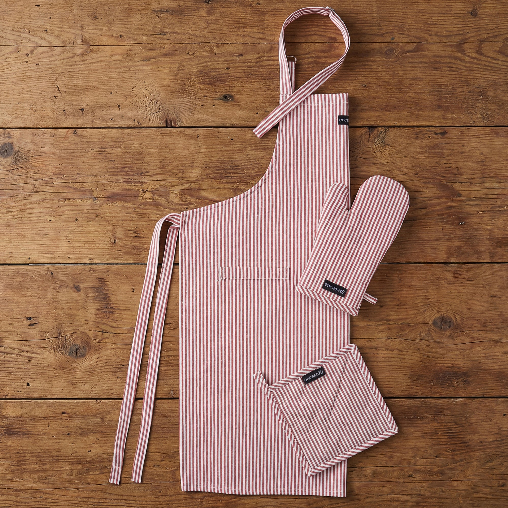Cotton Ticking Red Apron + Oven Glove + Pot Holder (Pack of 3)