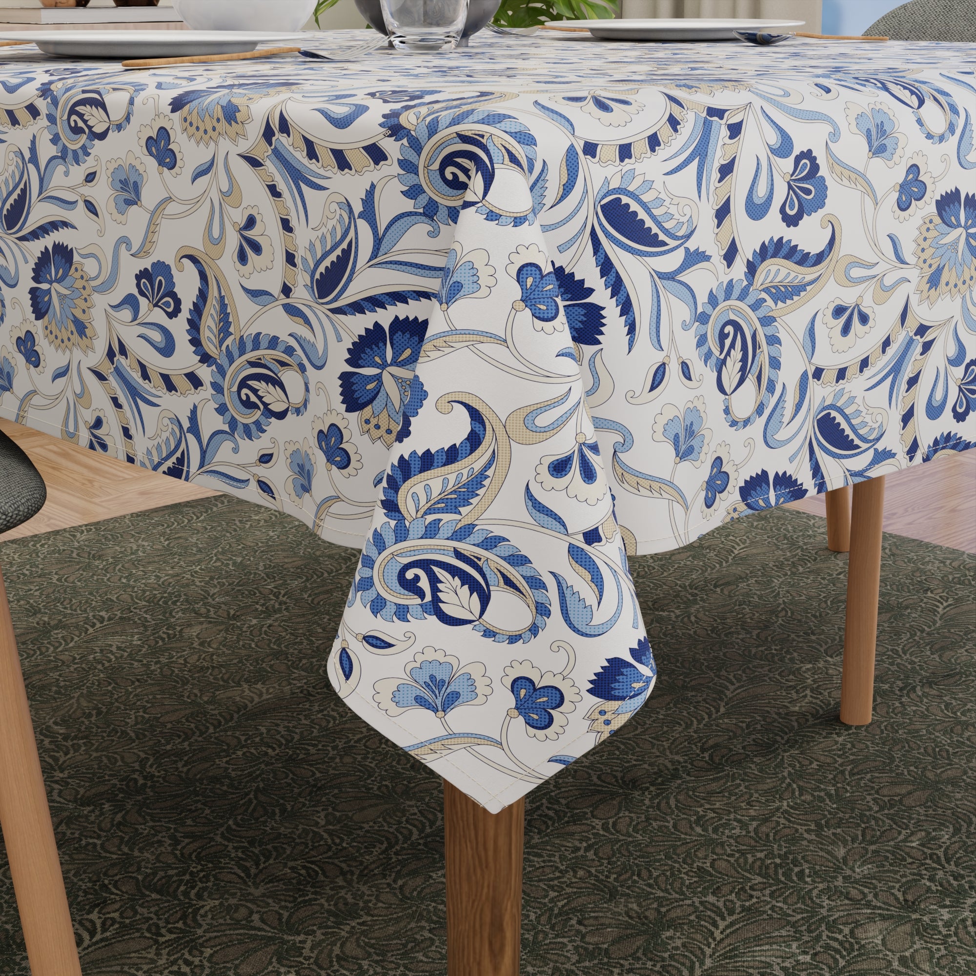 Polyester Chintz Blue Table Cloth (Pack of 1)