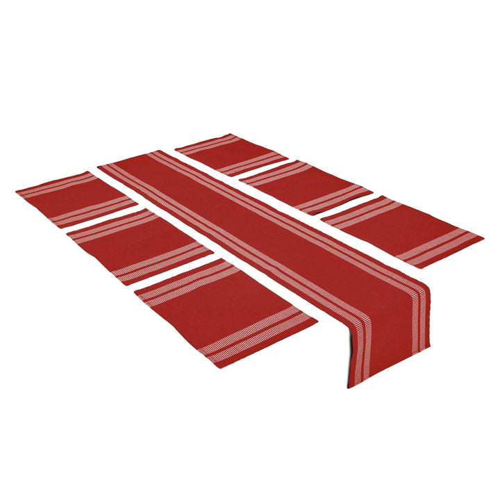 Cotton Ladder Red Table Runner+Placemat (Pack of 7)