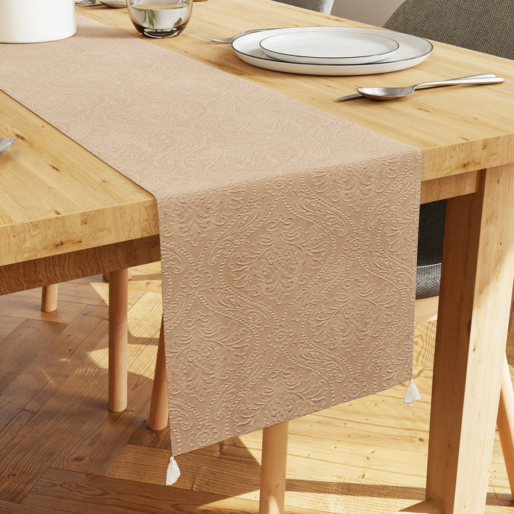 Embossed Velvet Beige Table Runner