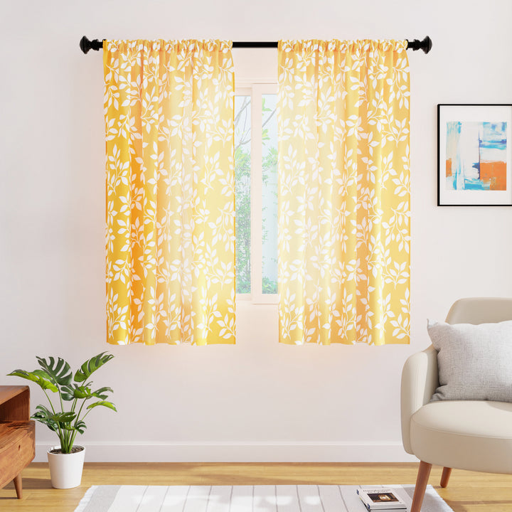 Polyester Reverse Leaf Yellow Curtain (Pack of 2)