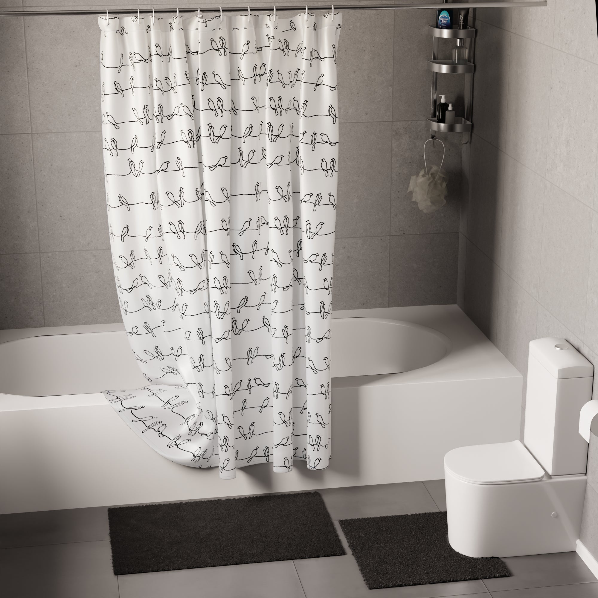 Polyester Blackbirds Combo Shower Curtain + Bathmat (Pack of 3)