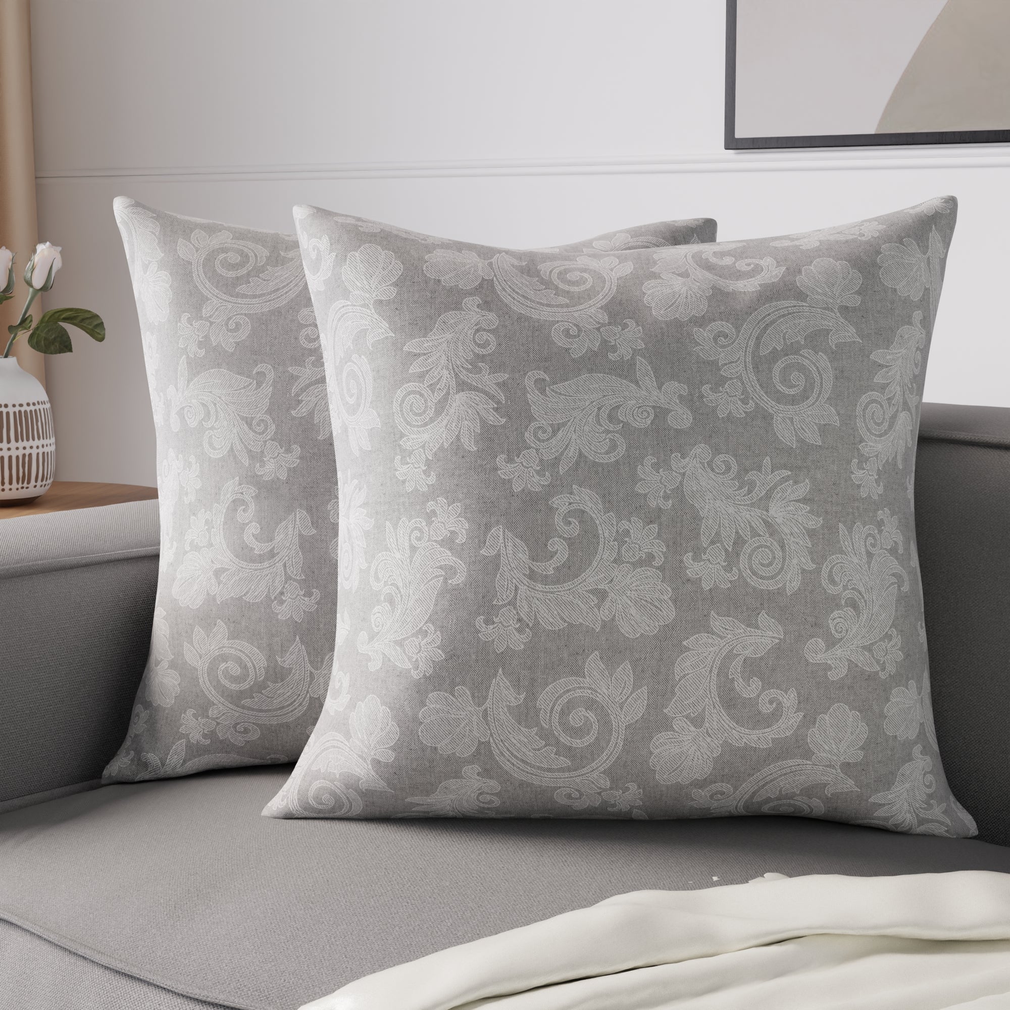 Chambray Cotton Floral Grey Cushion Cover (Pack of 2)