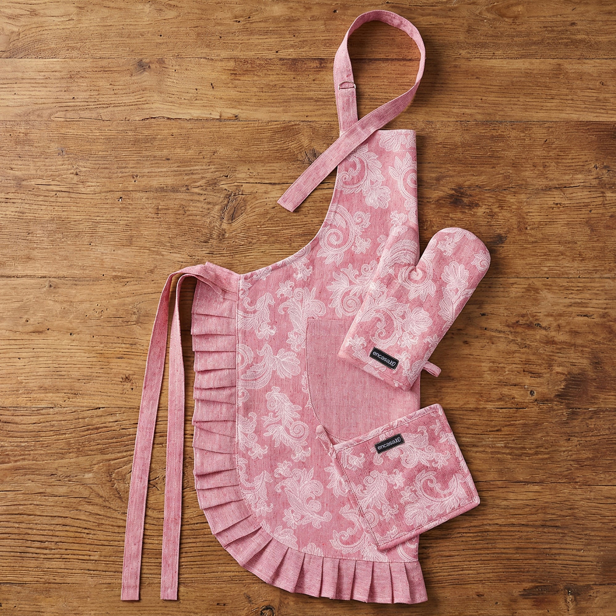 Cotton Floral Red Apron + Oven Glove + Pot Holder (Pack of 3)