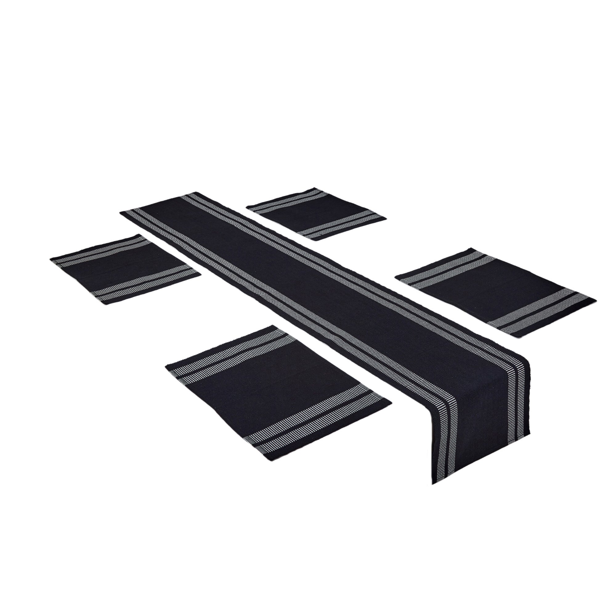 Cotton Ladder Black Table Runner+Placemat (Pack of 5)