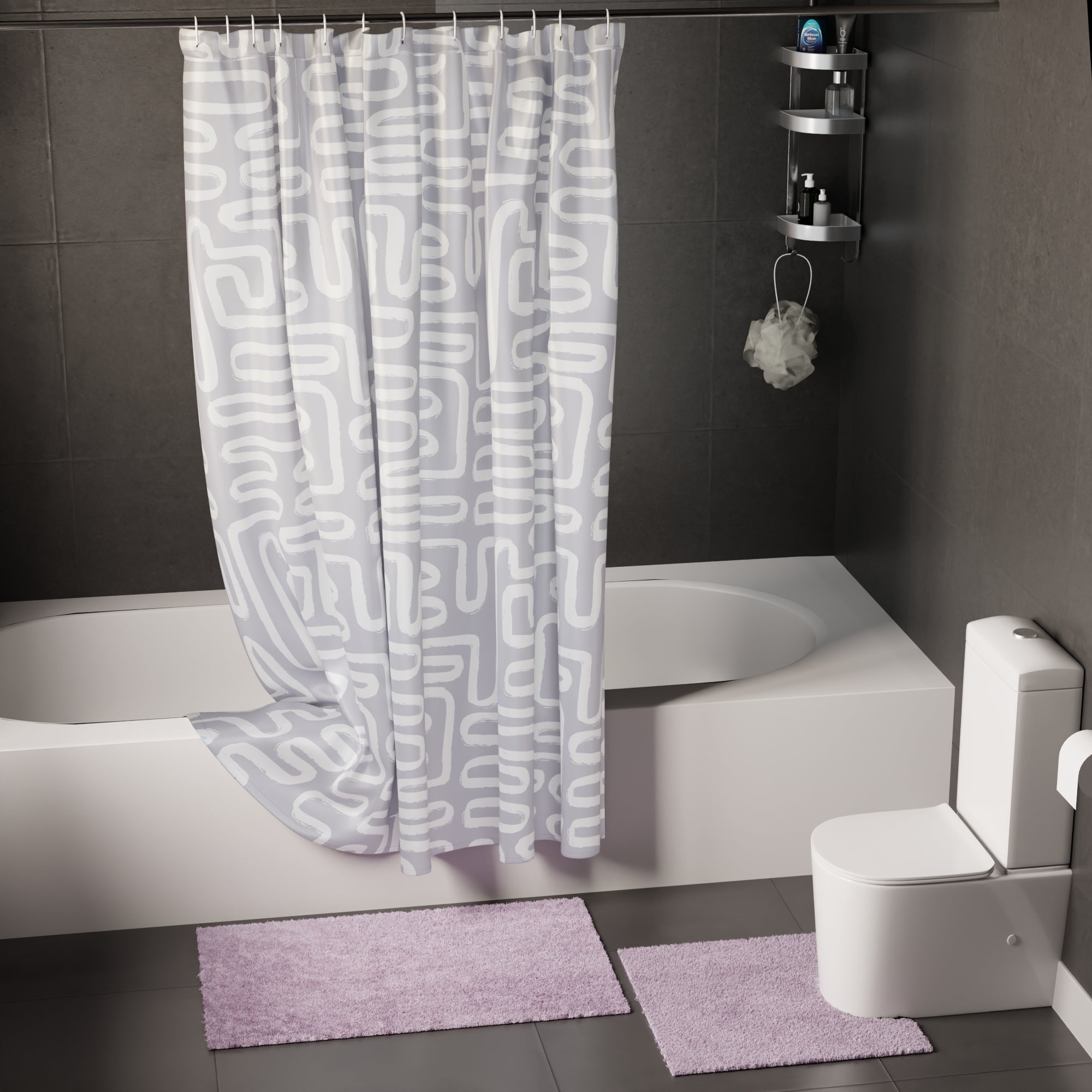 Polyester Maze Grey Combo Shower Curtain + Bathmat (Pack of 3)