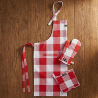 Cotton Buffalo Red Checks Apron + Oven Glove + Pot Holder (Pack of 3)