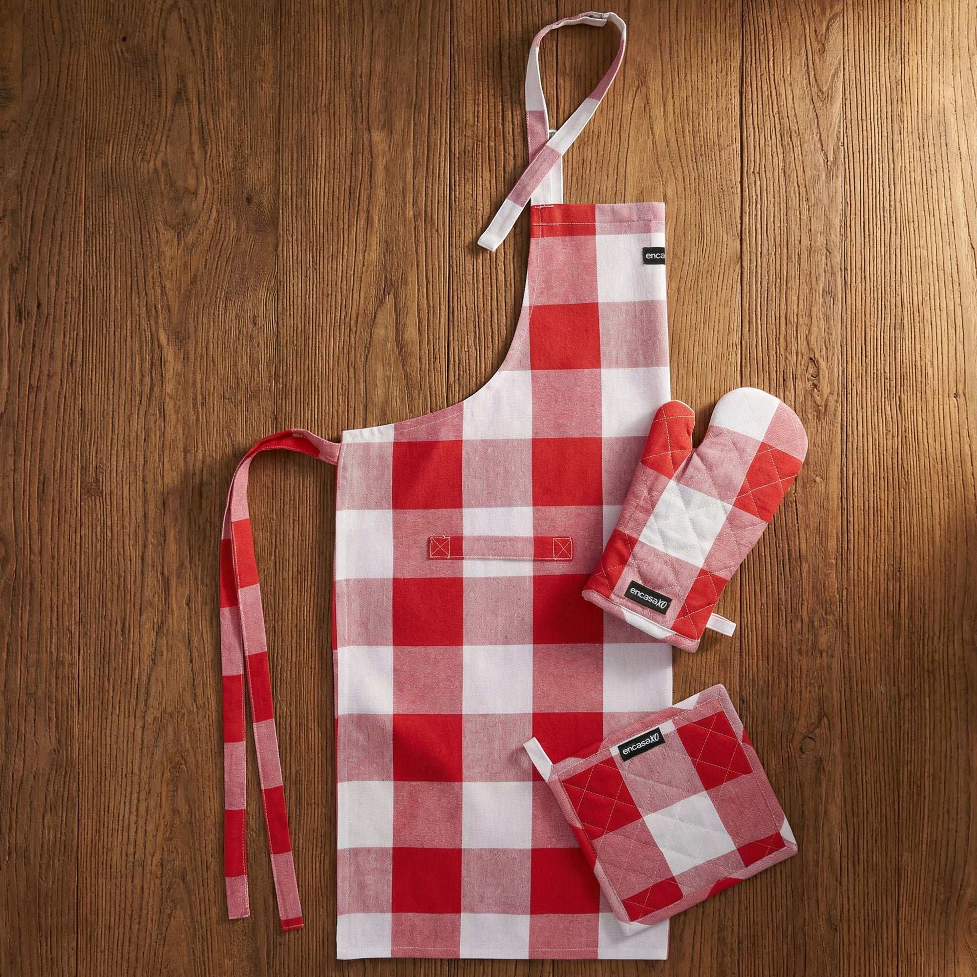 Cotton Buffalo Red Checks Apron + Oven Glove + Pot Holder (Pack of 3)