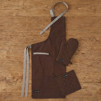 Cotton Dark Taupe & Beige Apron + Oven Glove + Pot Holder (Pack of 3)