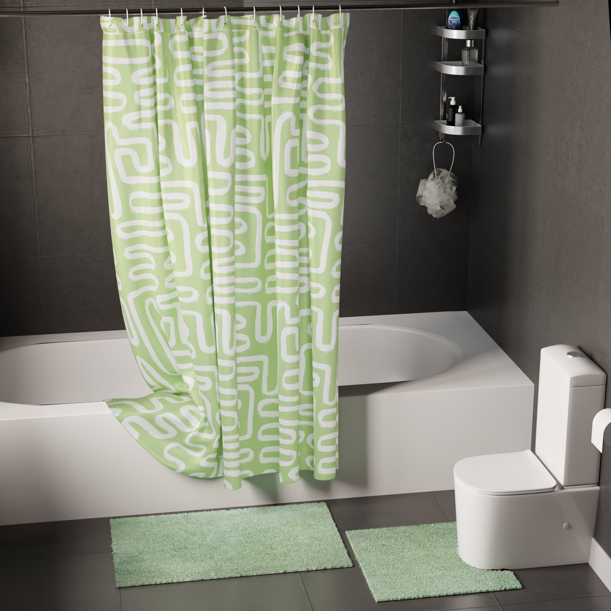 Polyester Maze Sage Combo Shower Curtain + Bathmat (Pack of 3)