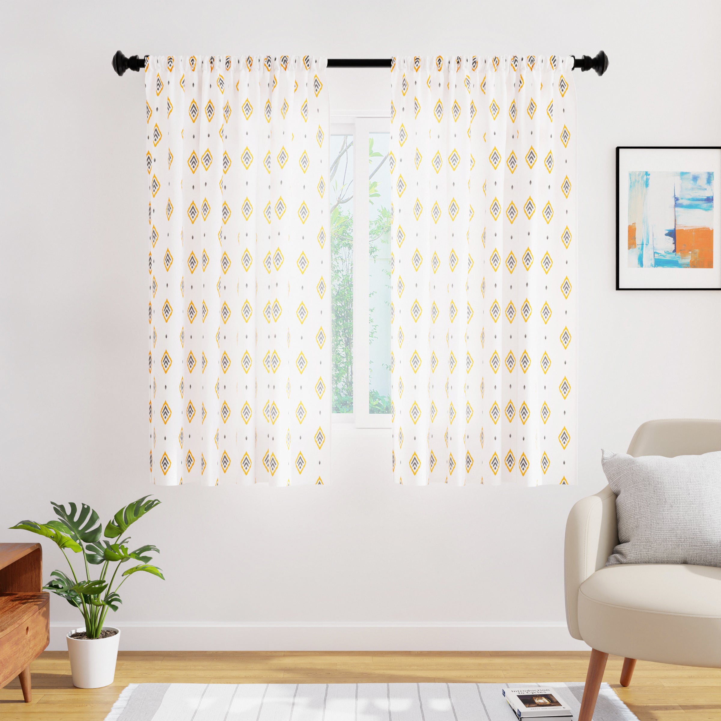 Polyester Diamond Yellow Curtain (Pack of 2)
