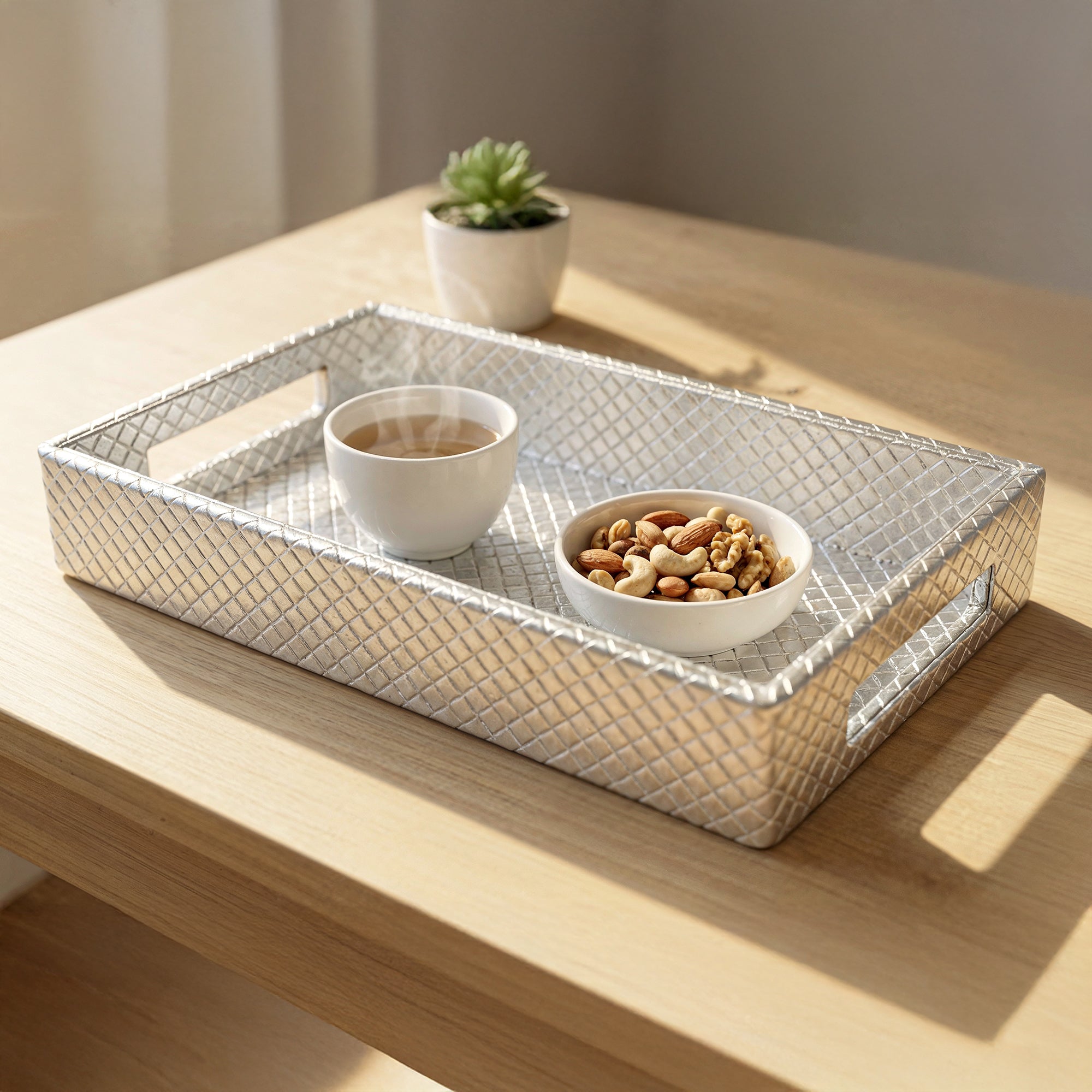 Leather Silver Leather Serving Tray