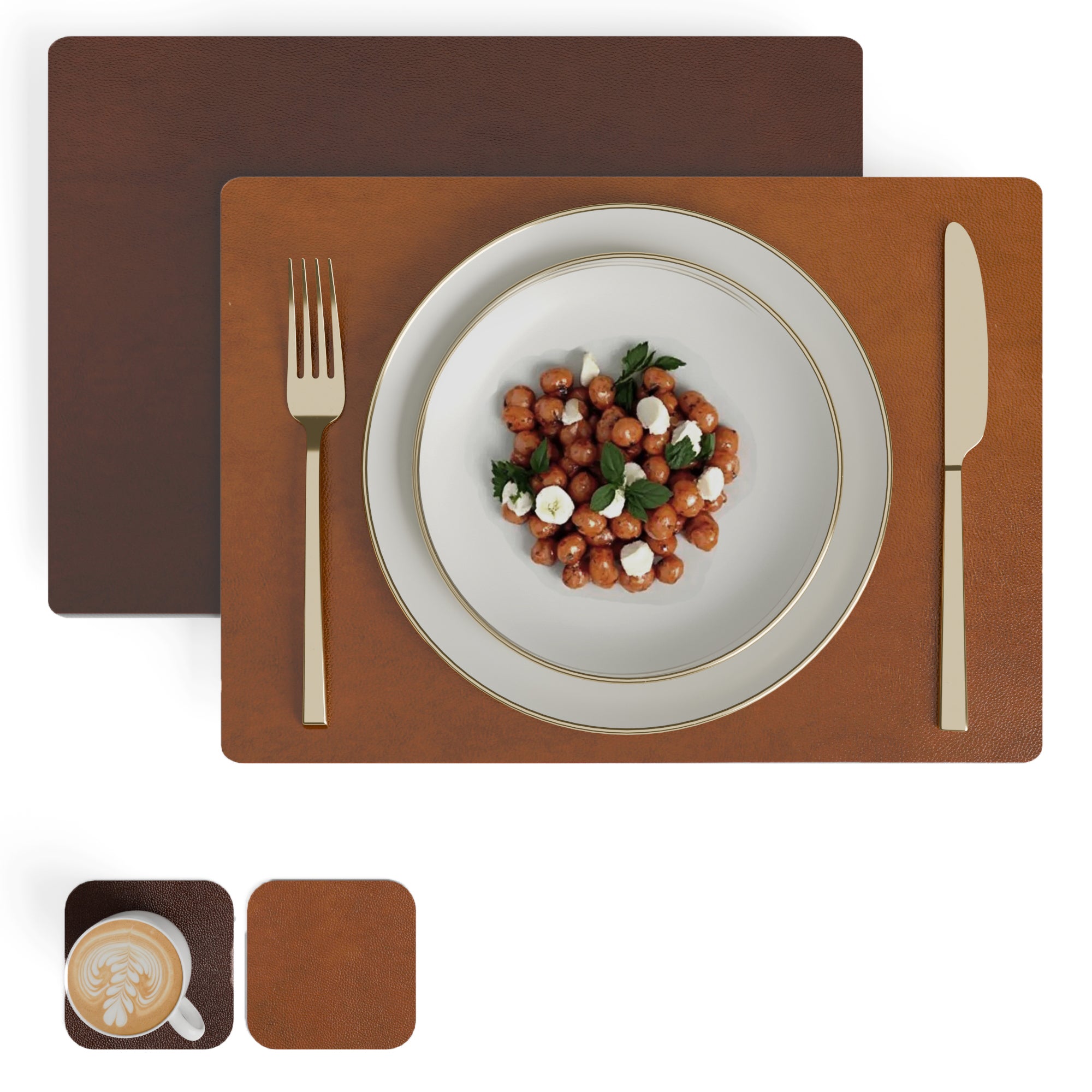 2 Sided Leather Brown & Tan Placemat + Coaster