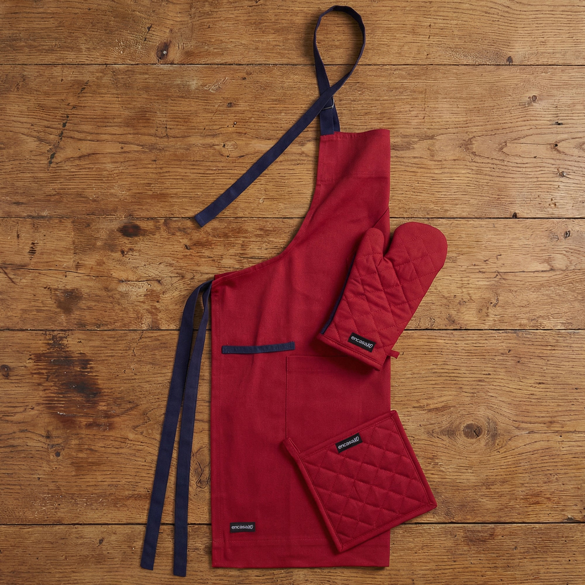 Cotton Red Apron + Oven Glove + Pot Holder (Pack of 3)