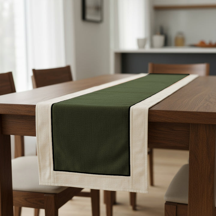 Cotton Off White & Moss Green Table Runner (Pack of 1)