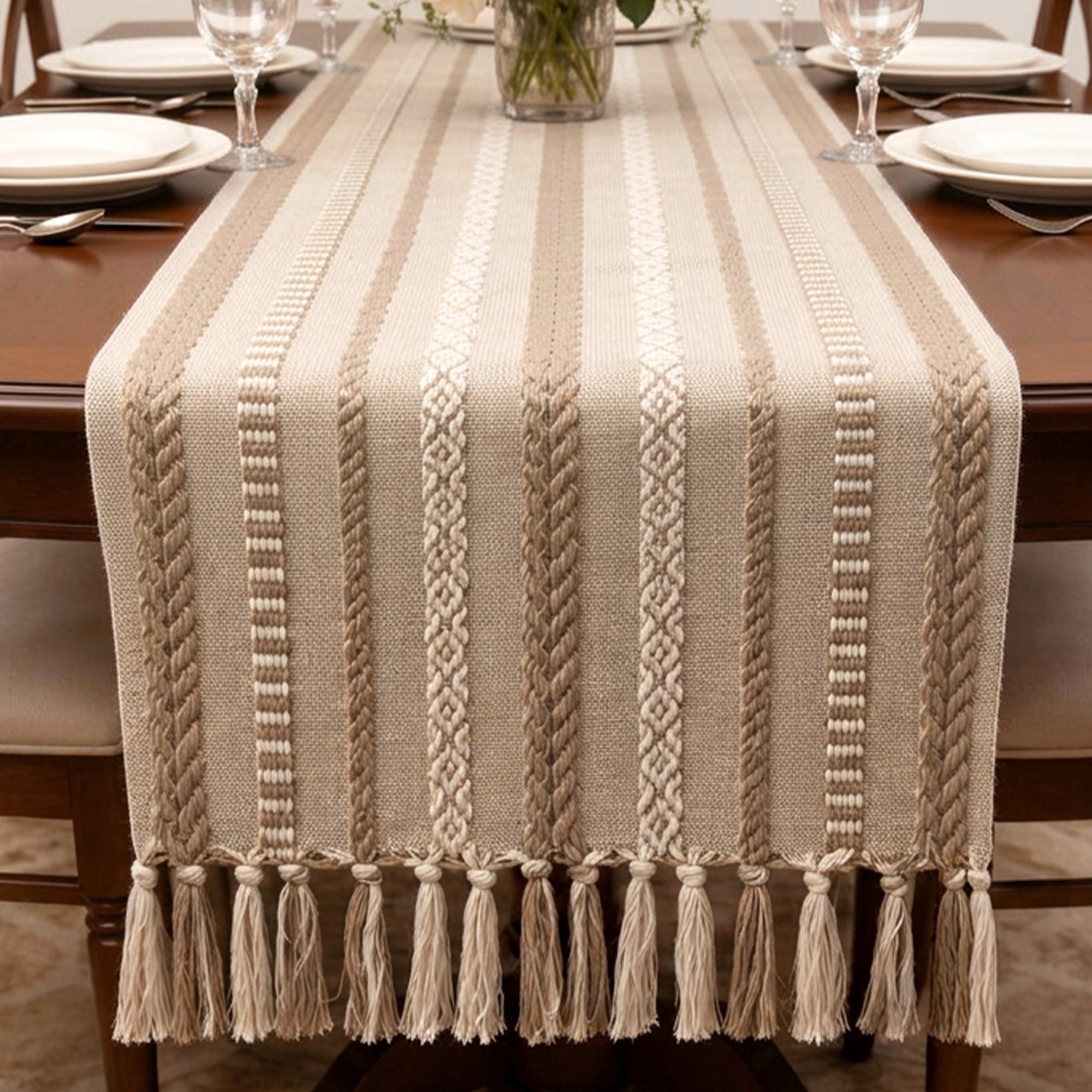 Cotton Jacquard Beige Table Runner (Pack of 1)