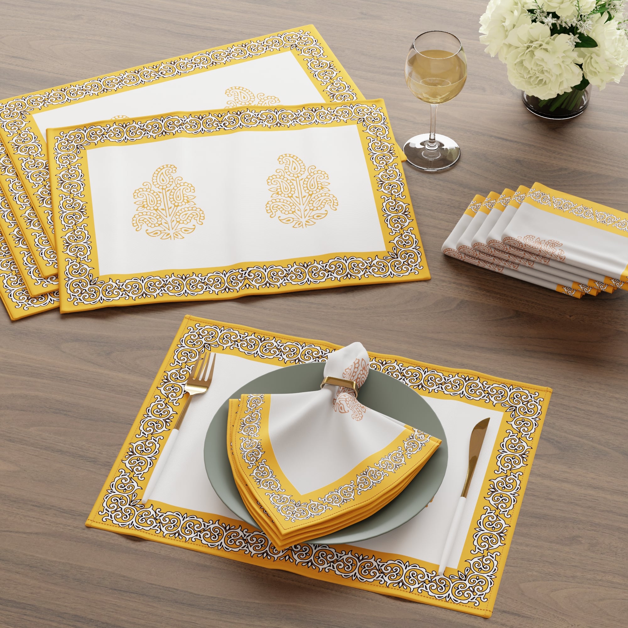 Cotton Canvas Yellow-01 Placemat + Table Napkins