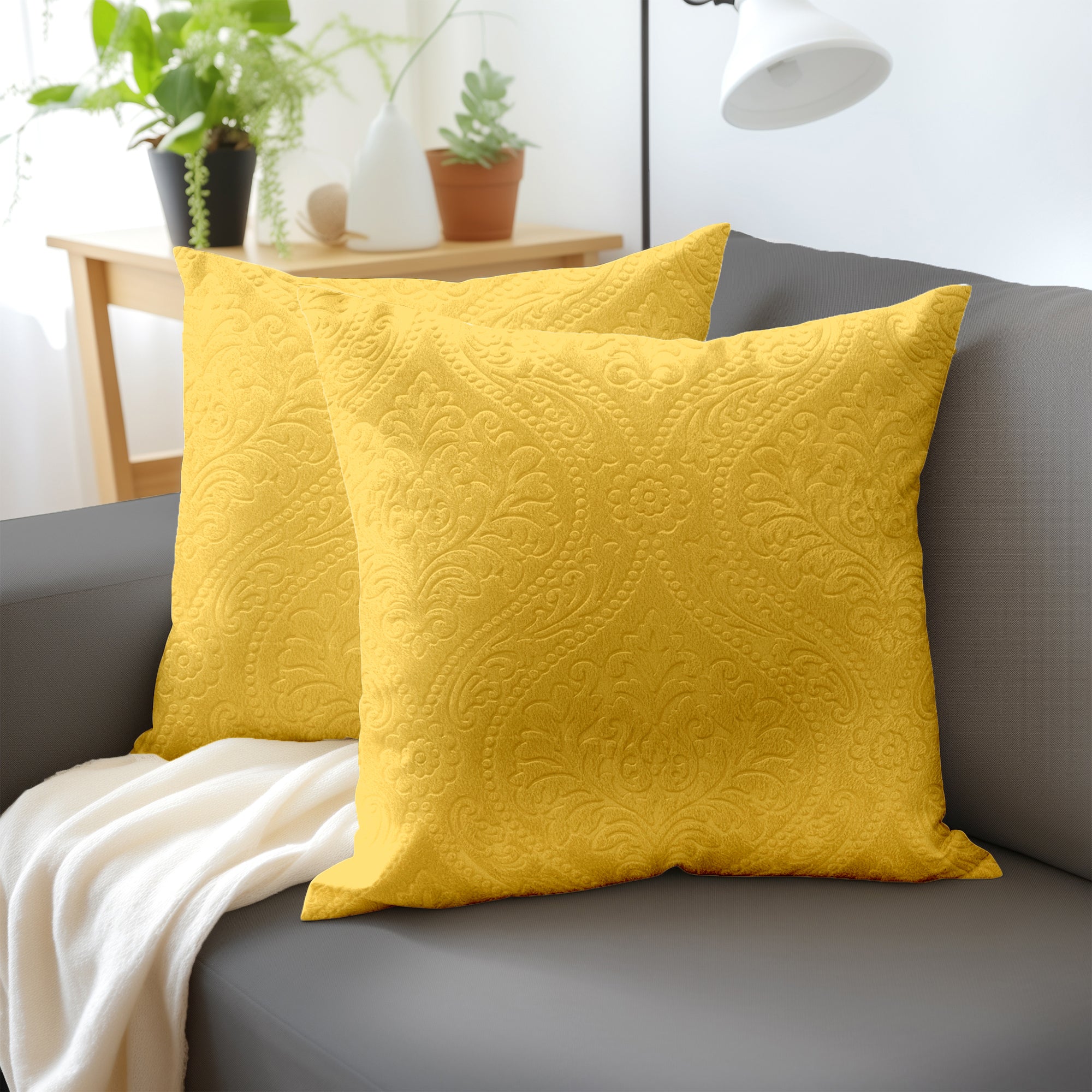 Embossed Velvet Lemon Yellow Cushion Cover (Pack of 2)