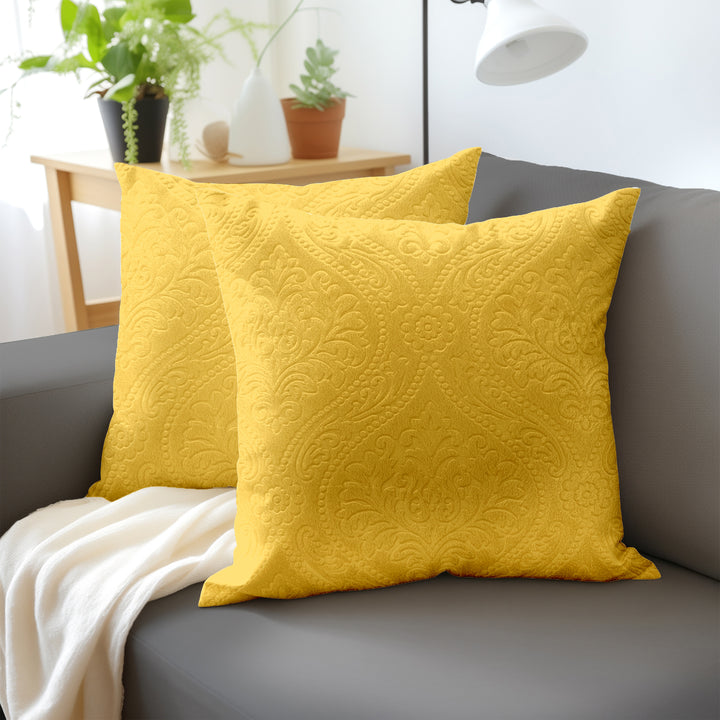 Embossed Velvet Lemon Yellow Cushion Cover (Pack of 2)