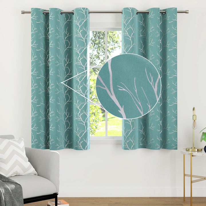 Blackout Polyester Twigs Teal Curtain (Pack of 2)