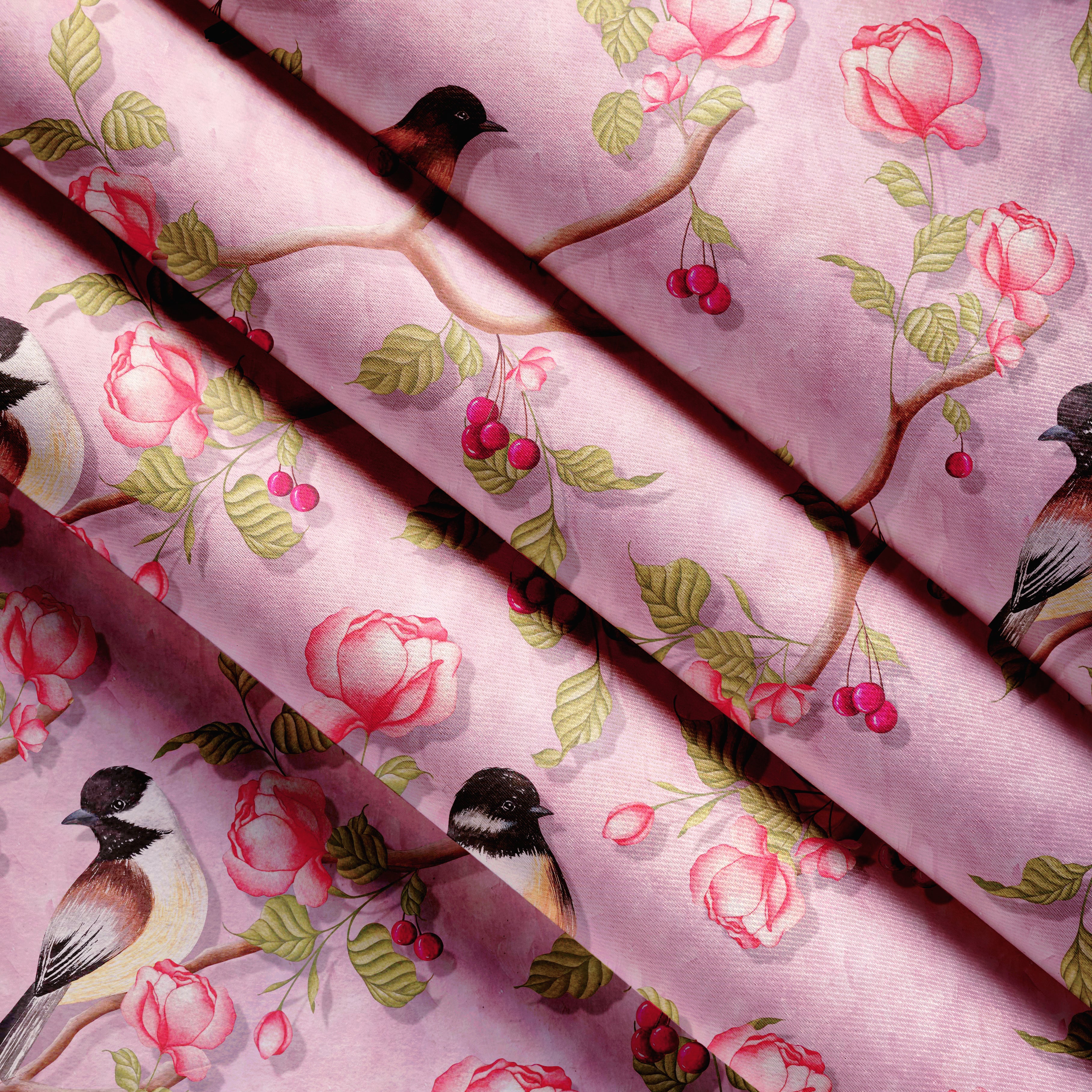 Blackout Polyester Dusty Pink Birds Fabric 1 Meter