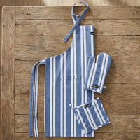 Cotton Franca Blue Stripes Apron + Oven Glove + Pot Holder (Pack of 3)