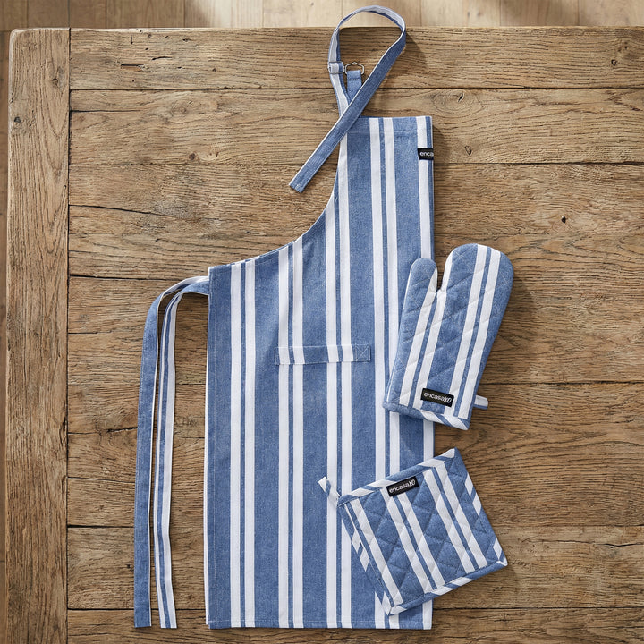 Cotton Franca Blue Stripes Apron + Oven Glove + Pot Holder (Pack of 3)